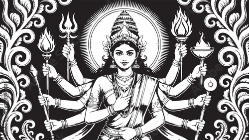 Illustrative black and white depiction of the hindu goddess durga holding various weapons and torches