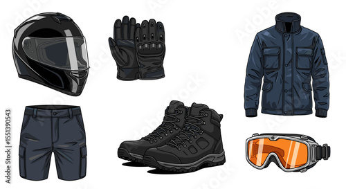 Illustration showing a motorcycle helmet gloves jacket shorts boots and goggles on a white background