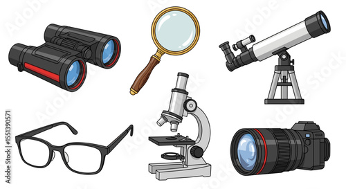 Collection of optical instruments including binoculars magnifying glass telescope microscope and camera