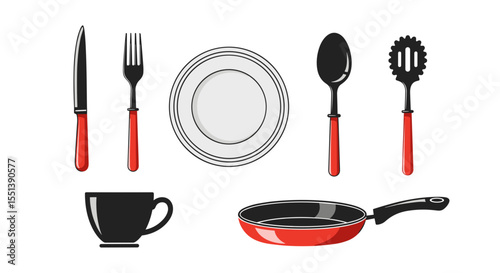 Illustration of kitchen utensils including a knife fork plate spoon slotted spoon mug and frying pan