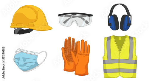 Illustration showing various safety equipment including a hard hat and safety vest and other items