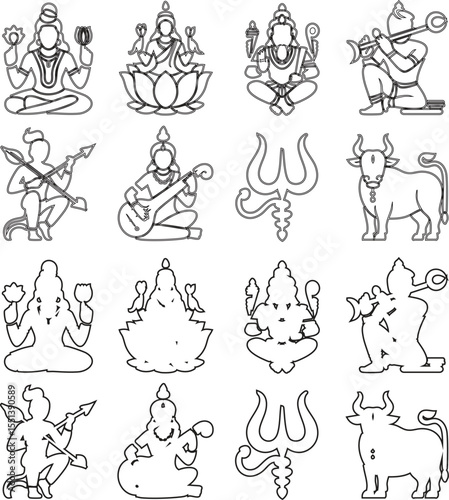 Collection of indian deities and symbols in black silhouette style