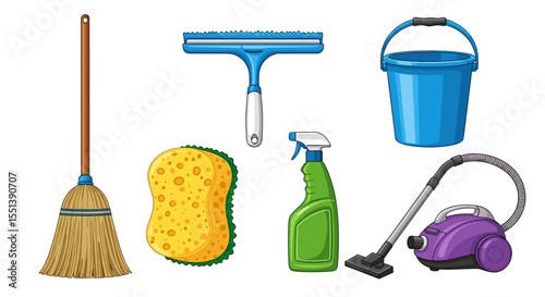 Illustration of various cleaning supplies including a broom squeegee bucket and vacuum cleaner tools