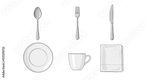 Illustration of a place setting with a spoon fork knife plate mug and folded napkin in white color