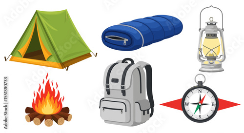 Camping essentials including a tent, sleeping bag, lantern, backpack, campfire, and a compass are shown