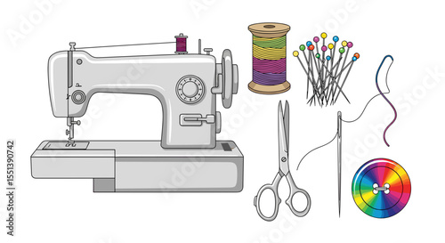 Illustration of a sewing machine with thread spool, pins, needle, scissors, and a rainbow button set up