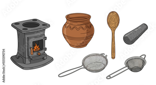 Illustration of a vintage stove with fire a brown jug a wooden spoon and kitchen accessories items