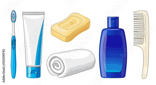 Illustration of bathroom essentials including toothbrush toothpaste soap towel shampoo and comb items