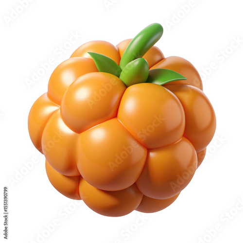 Stylized 3d orange fruit with green leaves isolated on transparent background