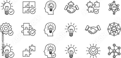 Creative teamwork icon set, innovation puzzle bulb solution, collaboration success concept, line art symbols for idea, brain process, partnership, and network growth illustration