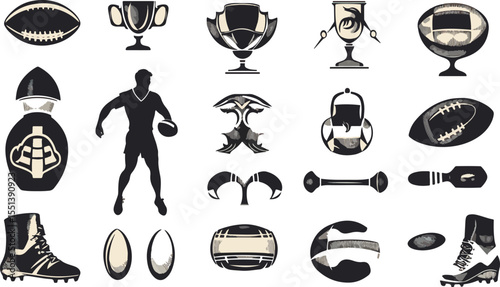 Rugby and American Football Icons in Black and White Style
