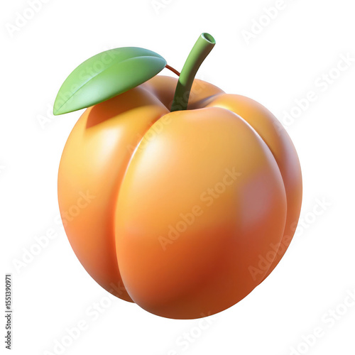 Stylized 3d peach with green leaf and stem isolated on transparent background