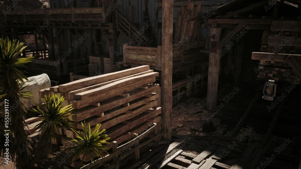A collection of wooden pallets is stacked beside rustic wooden structures, surrounded by a worn, dusty environment. The setting conveys a sense of faded history and simplicity. A collection of wooden pallets is stacked beside rustic wooden structures, surrounded by a worn, dusty environment. The setting conveys a sense of faded history and simplicity.