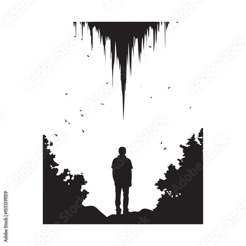 Person gazing up at waterfall silhouette
