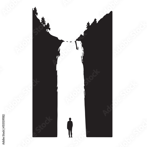 Person gazing up at waterfall silhouette