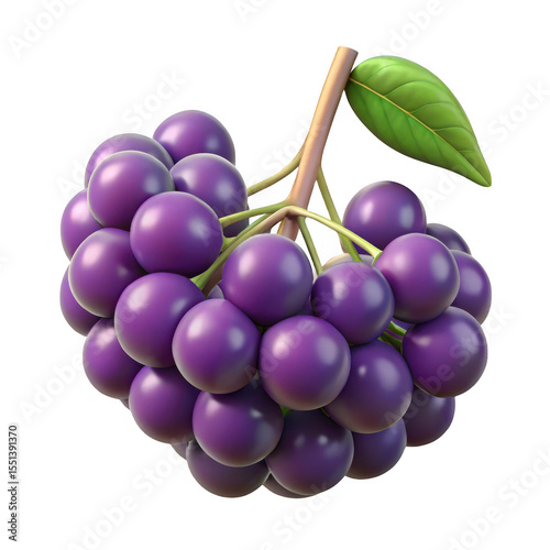 A bunch of ripe purple grapes with a single green leaf isolated on transparent background