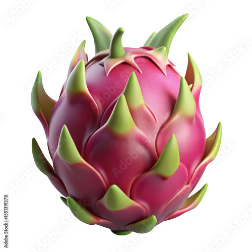 Vibrant pink dragon fruit with green scales isolated on transparent background