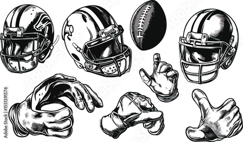 American Football Equipment Vector Illustration Helmets Ball and Hands in Gloves