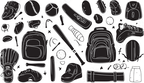 Monochrome Baseball Equipment and Accessories Seamless Pattern Vector Illustration