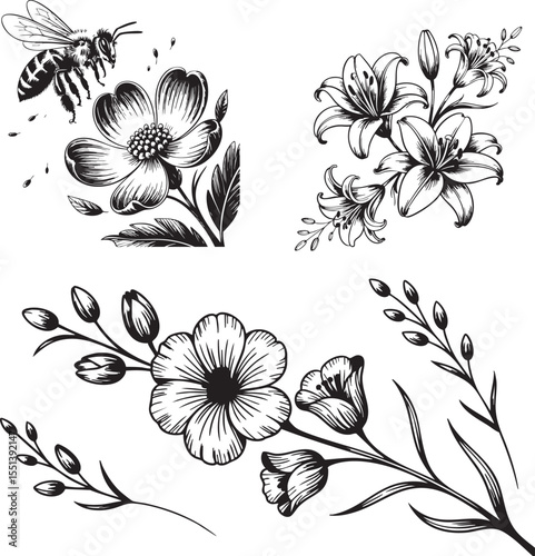Elegant black and white floral designs featuring a bee and lily flowers with delicate branches and buds