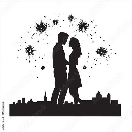 Sweethearts watching fireworks silhouette