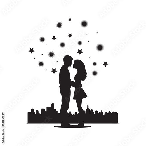 Sweethearts watching fireworks silhouette