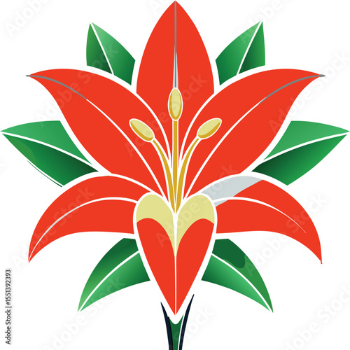 Red flower vector illustration with green leaves on white background