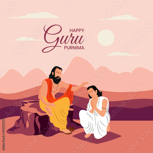 Happy Guru Purnima Indian festival celebration background design with characters of guru and shishya. Teacher giving blessings to student.