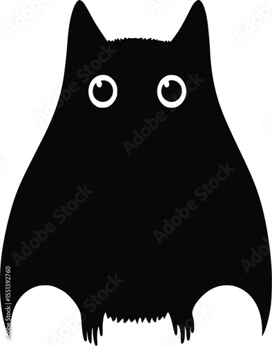 Cute black cat silhouette vector illustration, large eyes, simple design, playful, whimsical, frontal view, dark, mysterious, spooky, Halloween, editable vector