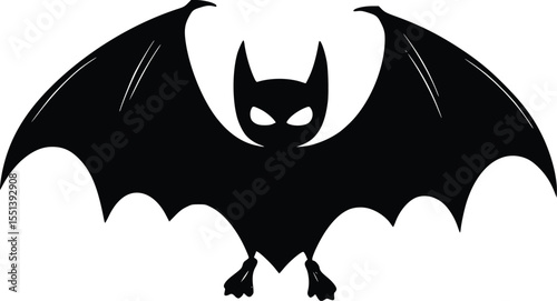 Black bat silhouette vector illustration, Halloween design element, spooky creature, dark wings spread wide, ominous night creature, editable vector graphic,