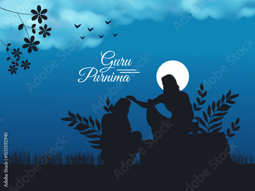 Happy Guru Purnima Indian festival celebration background design with characters of guru and shishya. Teacher giving blessings to student.