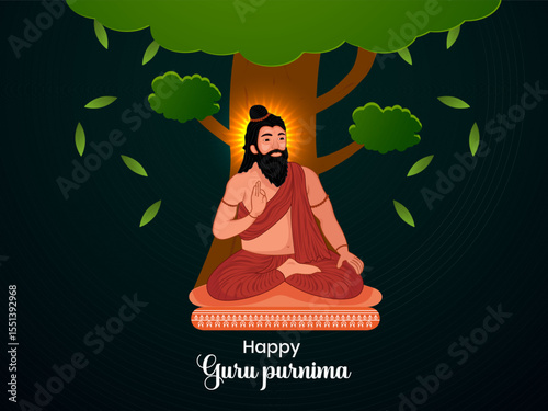 Happy Guru Purnima Indian festival celebration background design with characters of guru giving blessings to everyone.