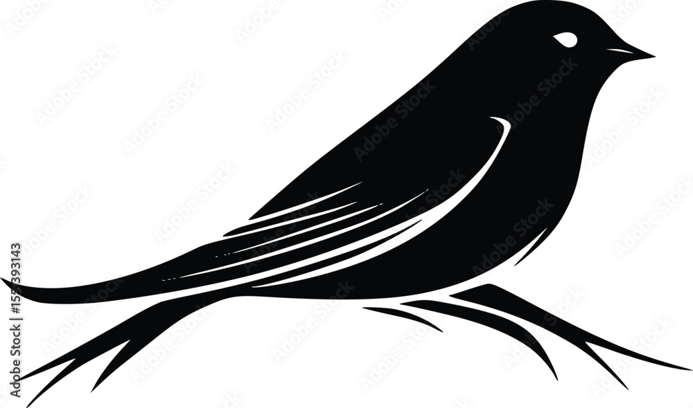 Obraz premium Black bird silhouette perched on branch, vector illustration, minimalist design, simple graphic, wildlife art, nature symbol, editable vector artwork, elegant
