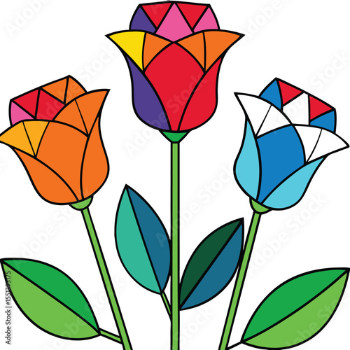 Colorful Roses: A vibrant composition of three stylized roses, each blossoming in a unique spectrum of color.