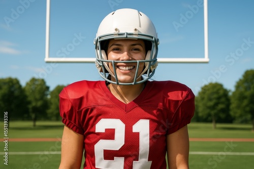 Smiling female American football player wearing helmet and red jersey standing on field in front of goal post photo