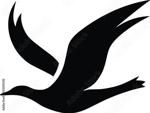 Editable vector silhouette of a bird in flight, soaring gracefully across a white space, conveying freedom and peace.
