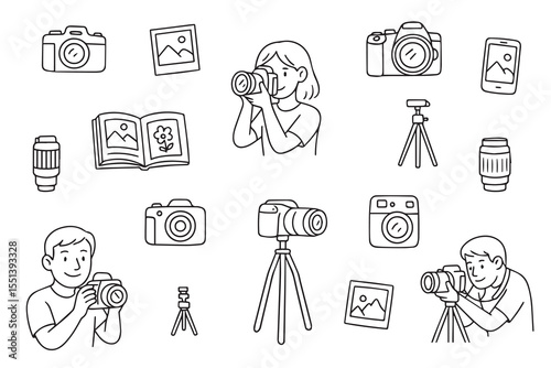 Hand drawn vector illustration set of photography elements and symbols in doodle style. Professional photographers with camera. World Photography Day. Photography concept for web banners, hero images,