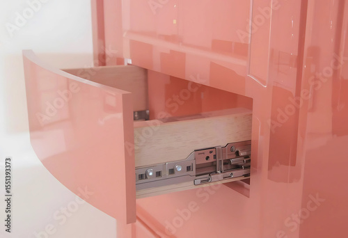   Detail view of soft-close drawer mechanism inside a modern coral-pink unit, exposed track and hinge system shown against white.

