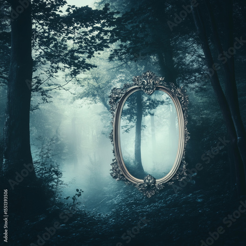 Mysterious forest with antique mirrors standing among trees. Dreamlike fantasy scenery, surreal and symbolic, perfect for book covers, conceptual art, or metaphoric photo composites.