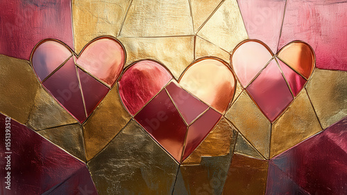 Abstract geometric metallic heart with pink and gold foil background, symbol of love and care, perfect for Mother's Day, Valentine's Day, charity campaign, protection theme, modern minimal design.