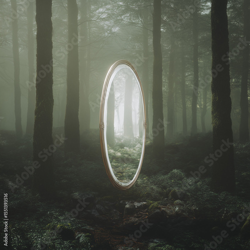 Mysterious forest with antique mirrors standing among trees. Dreamlike fantasy scenery, surreal and symbolic, perfect for book covers, conceptual art, or metaphoric photo composites.