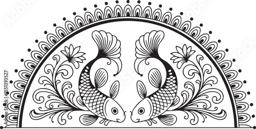 Symmetrical black and white design featuring two koi fish and floral elements