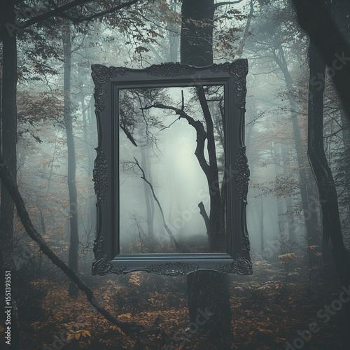 Mysterious forest with antique mirrors standing among trees. Dreamlike fantasy scenery, surreal and symbolic, perfect for book covers, conceptual art, or metaphoric photo composites.