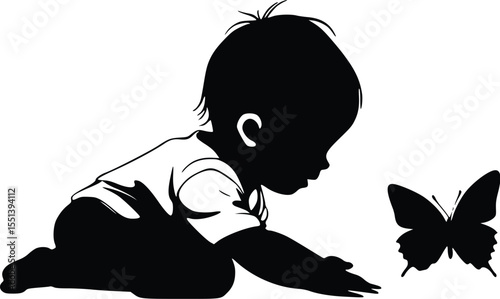 Baby silhouette reaching for butterfly: editable vector illustration