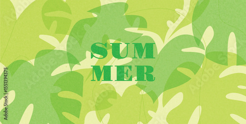 Hello Summer text on green jungle foliage pattern. Bright tropical monstera leaves overlapping in flat colorful cutout style. Vector illustration for poster or web banner