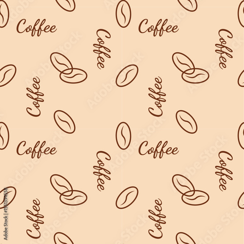 Pattern with coffee beans and lettering Coffee on beige background.