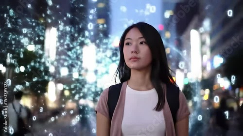 Thoughtful woman in night city digital particles background