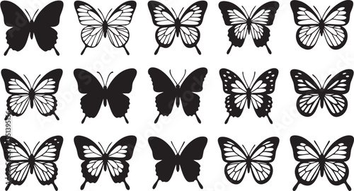 Collection of black and white butterfly silhouettes in various styles and patterns