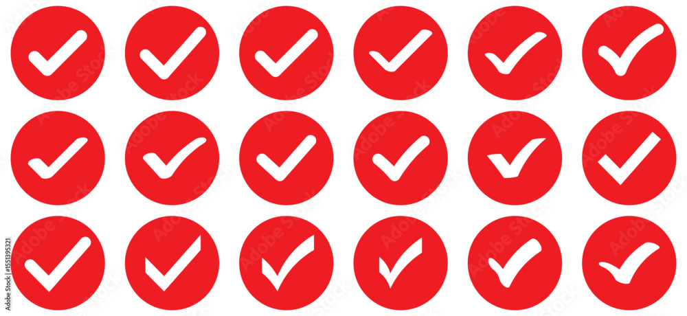 Red check mark icon. Verified badge, verification symbol set. Check mark illustration on white background. Red check mark icon and Approved, Accept icon. vector illustration. Red check mark icon. Verified badge, verification symbol set. Check mark illustration on white background. Red check mark icon and Approved, Accept icon. vector illustration.