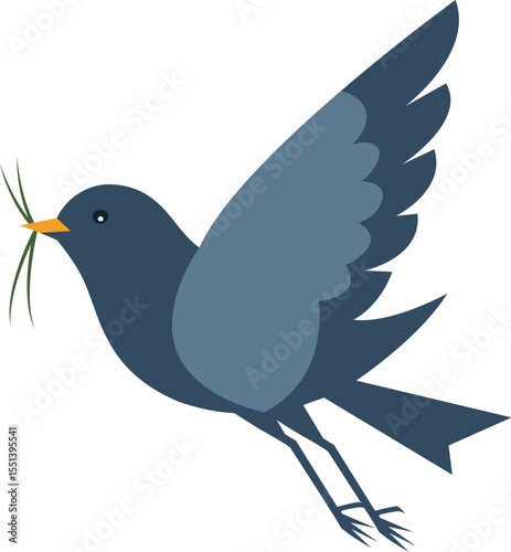 Bird carrying twigs and leaves in its beak minimalist vector. 